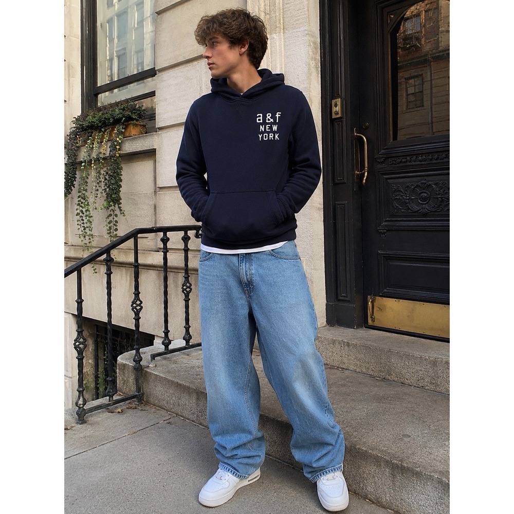 Abercrombie Kids Y2K Dark‎ Navy Hoodie Youth Large Spell out Quilted 18 Varsity